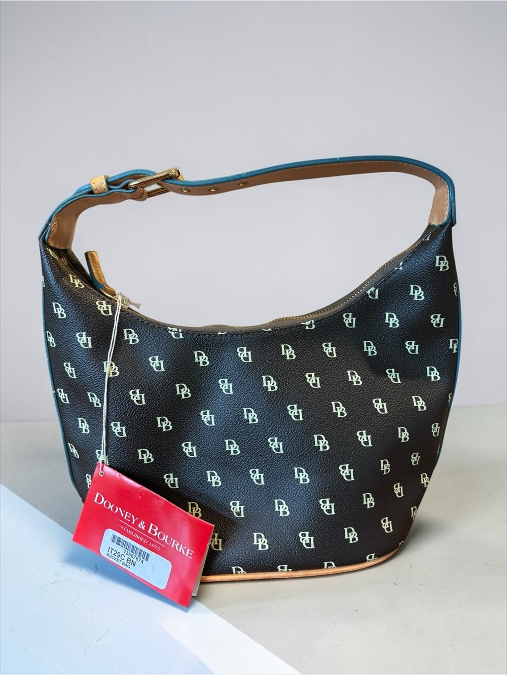 Vintage Y2K Dooney & Bourke Signature DB Monogram Black Small Hobo Bucket Bag NW